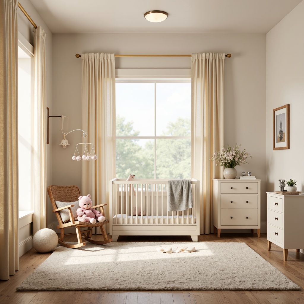 Prompt: Whimsical baby nursery, soft pastel colors, plush area rug, comfortable glider rocker, warm wooden crib, delicate mobiles, gentle curtains, creamy white furniture, rounded edges, safety latches, snug blankets, cozy reading nook, natural wood accents, creamy walls, warm floor lamps, 1/1 composition, intimate atmosphere, realistic textures.