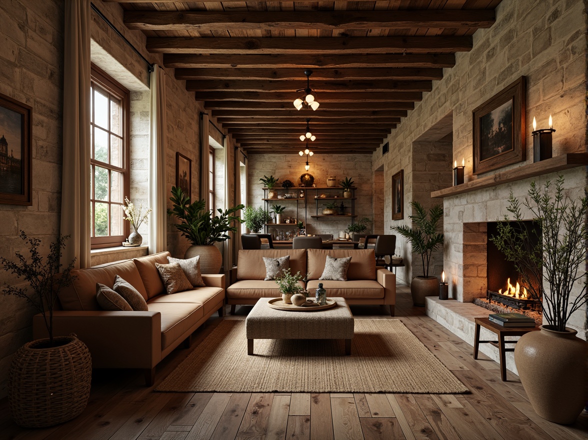 Prompt: Rustic wooden planks, distressed finishes, earthy tones, natural stone walls, woven wicker furniture, vintage metal accents, cozy throw blankets, plush area rugs, lantern-style lighting, warm candlelit ambiance, rich leather upholstery, reclaimed wood beams, organic shapes, earthenware vases, potted greenery, soft warm lighting, shallow depth of field, 1/1 composition, intimate close-up shots, realistic textures, ambient occlusion.