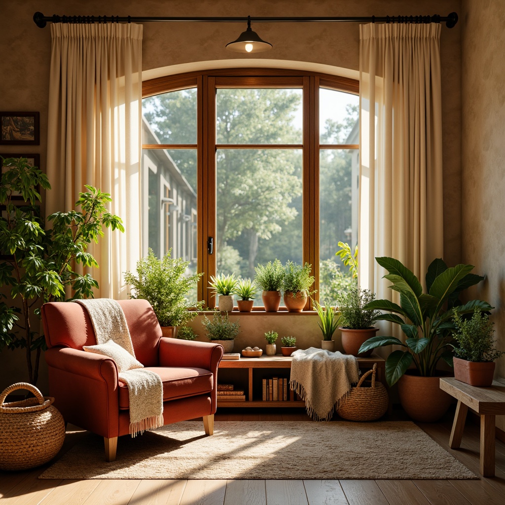 Prompt: Cozy reading nook, warm beige walls, plush velvet armchair, soft golden lighting, rich wood accents, comfortable throw blankets, vibrant greenery, calming nature views, earthy terracotta pots, serene ambient atmosphere, gentle color transitions, soothing pastel hues, creamy whites, muted sage greens, weathered wood textures, natural fiber rugs, delicate lace curtains, warm candlelight, peaceful morning ambiance.