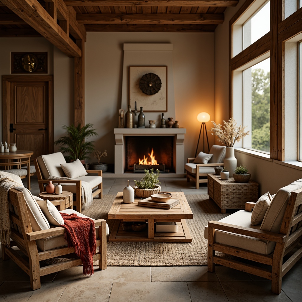 Prompt: Rustic interior, wooden accents, earthy tones, warm beige walls, distressed wood furniture, vintage metal decor, natural stone flooring, woven textiles, cozy throw blankets, soft candlelight, warm golden lighting, shallow depth of field, 1/1 composition, realistic textures, ambient occlusion, earthy reds, mossy greens, weathered woods, creamy whites, aged copper accents.