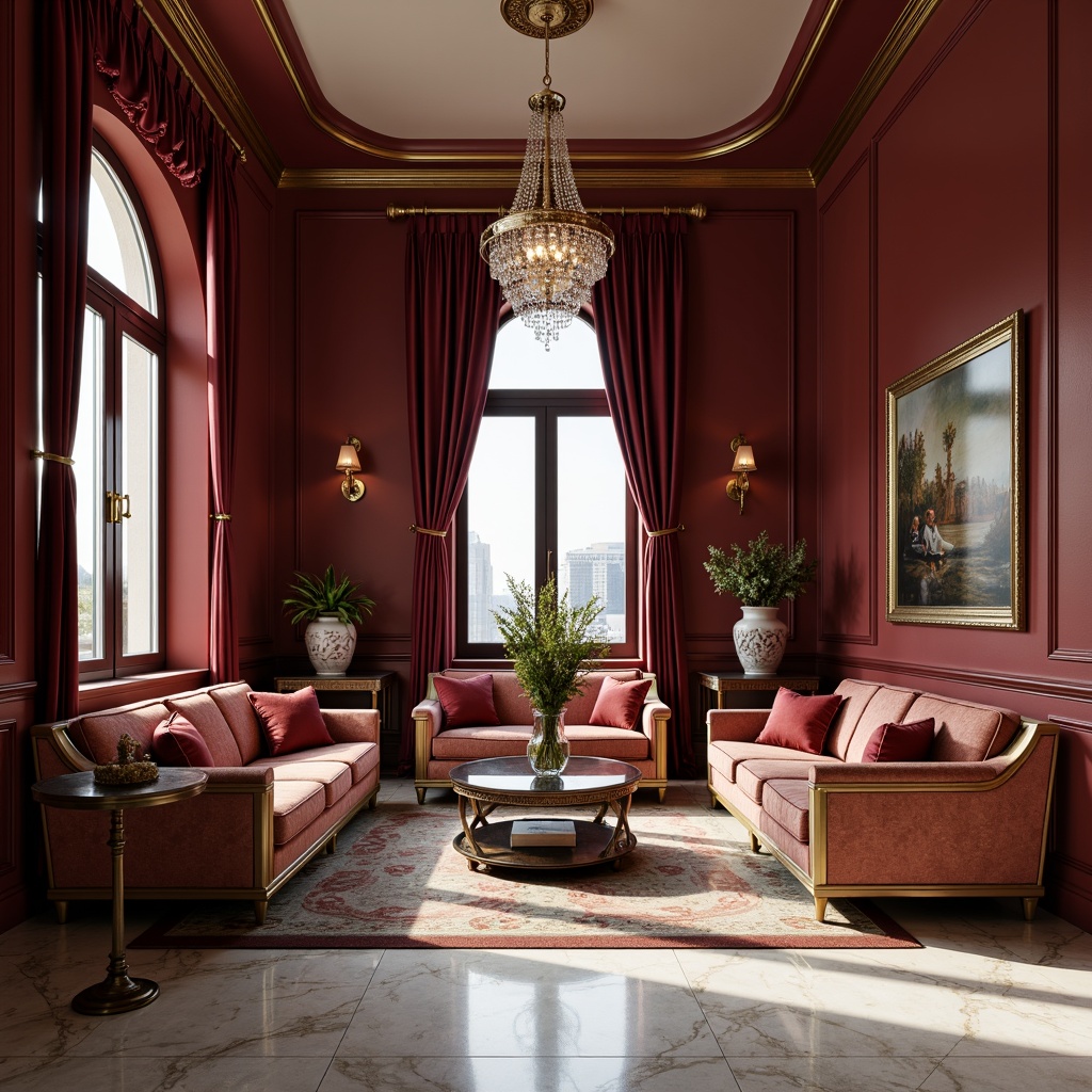 Prompt: Luxurious burgundy walls, rich marble floors, ornate gold accents, plush velvet sofas, intricately carved wooden chairs, bronze coffee tables, lavish crystal chandeliers, sumptuous silk drapes, metallic silver picture frames, elegant curved lines, sophisticated neutral color palette, refined minimalist decor, warm soft lighting, shallow depth of field, 1/1 composition, realistic textures, ambient occlusion.