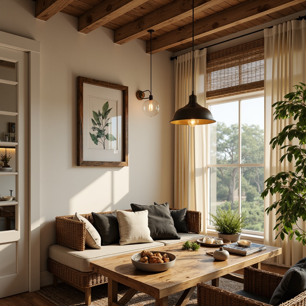 Prompt: Cozy breakfast nook, warm wooden accents, soft cream colors, pendant lighting fixtures, industrial metal shades, rustic rope details, Edison bulb filaments, farmhouse-style decor, vintage-inspired accessories, natural linen textiles, woven wicker furniture, botanical prints, lush greenery, morning sunlight, gentle shadows, 1/1 composition, intimate atmosphere, realistic reflections.