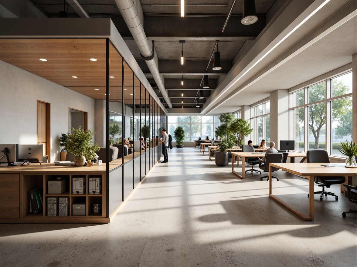 Prompt: Modern office interior, sleek glass partitions, minimalist desks, ergonomic chairs, collaborative workspaces, ample natural light, open floor plan, functional storage solutions, acoustic ceiling panels, warm neutral color scheme, subtle texture variations, 1/1 composition, softbox lighting, shallow depth of field, realistic reflections.