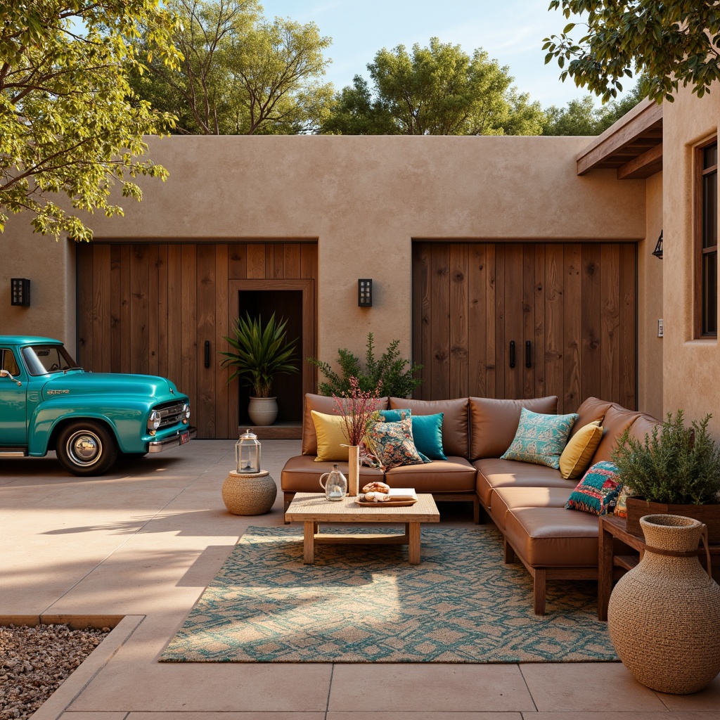 Prompt: Vibrant turquoise accents, woven Navajo-inspired blankets, rustic wooden garage doors, earthy adobe walls, desert flora arrangements, warm sandy tones, vintage turquoise vehicles, distressed leather upholstery, Southwestern-style patterned rugs, natural fiber baskets, woven wicker furniture, cozy lantern lighting, soft warm shadows, shallow depth of field, 1/1 composition, intimate camera angle, realistic textures, ambient occlusion.