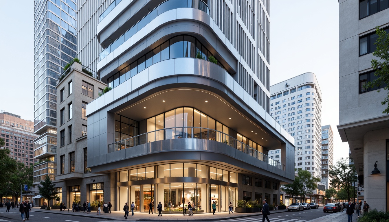 Prompt: Sleek public administration building, curved lines, streamline moderne architecture, metallic materials, polished chrome accents, rounded corners, minimalist design, open floor plans, airy atriums, natural light, subtle color palette, urban cityscape, bustling streets, morning sunlight, soft shadows, 1/1 composition, symmetrical balance, realistic reflections, ambient occlusion.