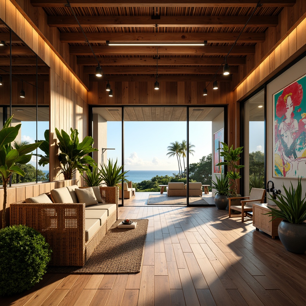 Prompt: Tropical home gym, warm wooden flooring, natural rattan furniture, lush green plants, floor-to-ceiling windows, sliding glass doors, ocean view, bright sunny day, soft warm lighting, indirect overhead lighting, pendant lamps, LED strip lights, colorful neon signs, vibrant abstract artwork, modern minimalist decor, mirrored walls, sleek metal equipment, free weights, exercise machines, yoga mats, natural fiber rugs, woven bamboo accents, organic textures, shallow depth of field, 3/4 composition, realistic render.