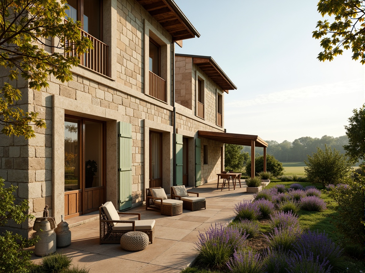 Prompt: Rustic French country estate, warm beige stonework, distressed wood accents, soft moss-green shutters, vintage ironwork, weathered terracotta roof tiles, lavender fields, sun-kissed Provence landscape, gentle afternoon light, warm golden hour, shallow depth of field, 2/3 composition, natural textures, ambient occlusion.