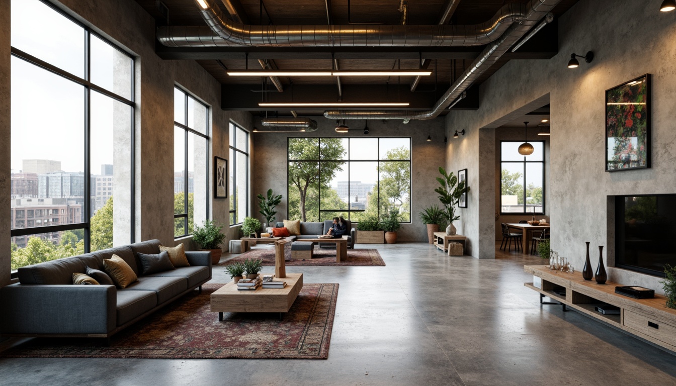 Prompt: Modern living room, sleek lines, minimalist decor, polished concrete floors, industrial chic aesthetic, exposed ductwork, high ceilings, floor-to-ceiling windows, natural light pouring in, urban loft vibe, reclaimed wood accents, metallic tones, matte black surfaces, ambient warm lighting, 1/1 composition, shallow depth of field, realistic textures.