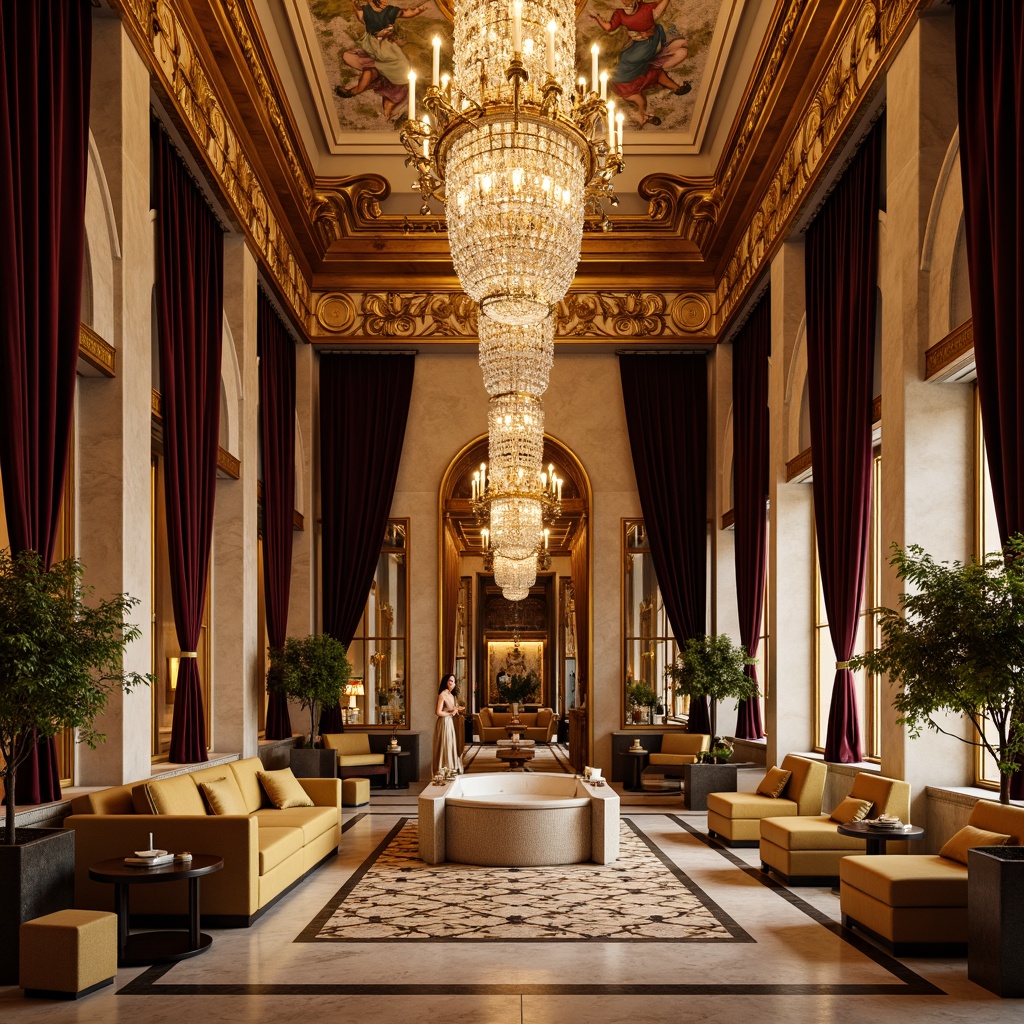 Prompt: Opulent grand lobby, ornate gold leaf details, lavish crystal chandeliers, rich velvet drapes, intricately carved wooden furniture, plush silk upholstery, majestic stone columns, polished marble floors, intricate mosaic patterns, warm golden lighting, soft focus photography, cinematic composition, luxurious amenities, spa-inspired bathrooms, freestanding tubs, rainfall showerheads, high-end fixtures, premium leather accents, gilded mirrors, ornate ceiling frescoes.