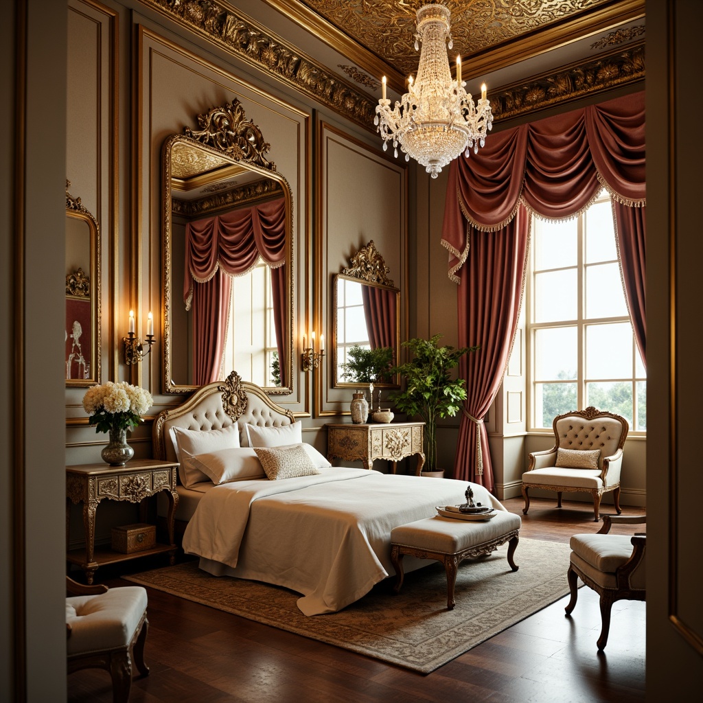 Prompt: Opulent boudoir, lavish furnishings, intricately carved wooden panels, ornate mirrors, gilded frames, velvet drapes, crystal chandeliers, delicate porcelain vases, antique furniture, soft pastel colors, luxurious fabrics, intricate patterns, curved lines, ornamental details, warm golden lighting, shallow depth of field, 1/1 composition, realistic textures, ambient occlusion.