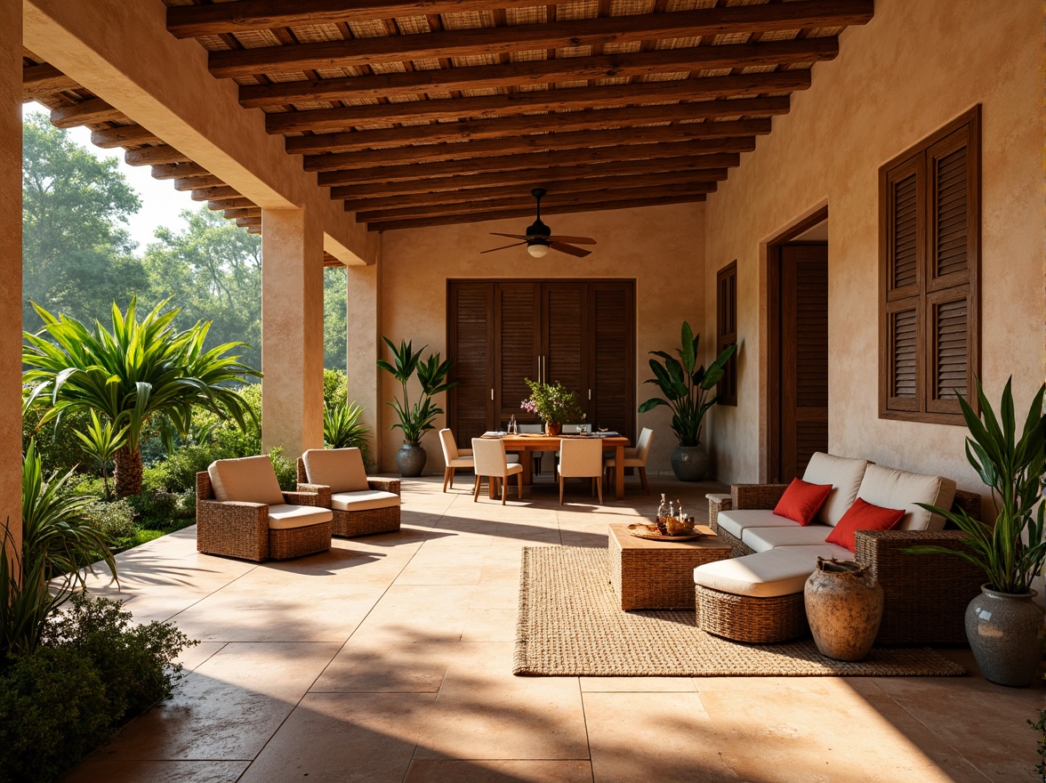 Prompt: Vibrant tropical villa, exotic wood accents, woven rattan furniture, lush greenery walls, natural fiber textiles, earthy terracotta floors, warm beige stucco exterior, rustic wooden shutters, distressed wood doors, coral-inspired color palette, sunny bright lighting, soft ambient shadows, 1/1 composition, intimate close-up shots, realistic material textures, subtle atmospheric fog.