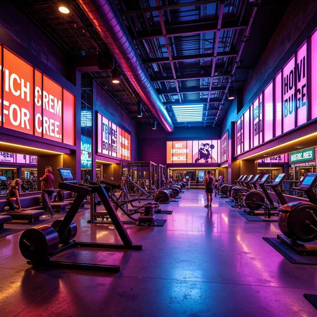 Prompt: Vibrant fitness club, energetic atmosphere, bold color scheme, neon accents, motivational quotes, sleek equipment, mirrored walls, polished floors, dynamic lighting, high-ceiling, open spaces, modern industrial architecture, abstract geometric patterns, metallic textures, athletic wear-inspired colors, bold typography, contrasting hues, warm and cool tones, futuristic ambiance, 3/4 composition, shallow depth of field, realistic reflections.