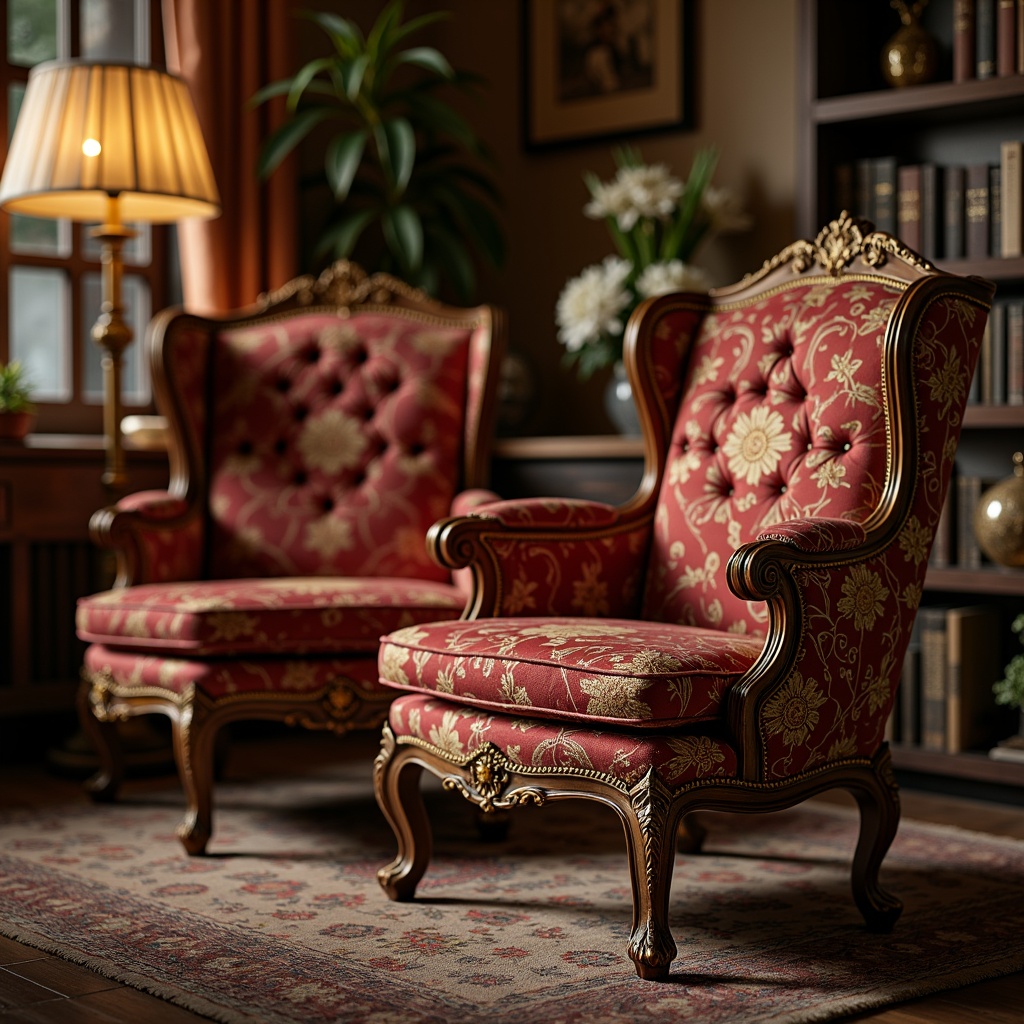 Prompt: Ornate armchairs, plush velvet fabrics, intricate floral patterns, rich walnut wood frames, carved wooden legs, luxurious tufted upholstery, golden tassels, crimson red accents, ornamental buttons, soft cushions, rolled arms, Queen Anne legs, cabriole legs, carved wooden trim, distressed finishes, warm candlelight, cozy atmosphere, 1/1 composition, shallow depth of field, realistic textures.