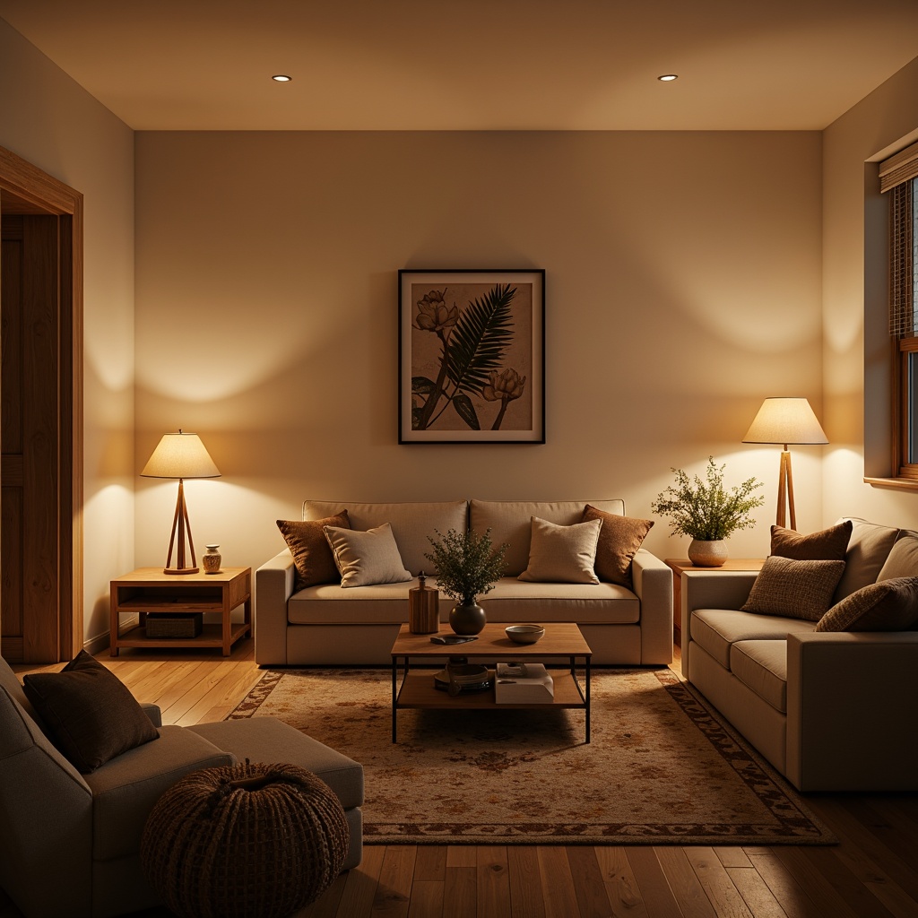 Prompt: Cozy living room, warm ambiance, soft glow lighting, table lamps, floor lamps, LED strip lights, indirect lighting, gentle shadows, comfortable seating, plush furniture, earthy color palette, natural textiles, woven baskets, minimalist decor, functional task lighting, adjustable arm lamps, under-cabinet lighting, ambient illumination, relaxed atmosphere, calming colors, warm beige tones, soft cream hues, subtle contrasts, harmonious balance, 1/2 composition, shallow depth of field, realistic renderings.