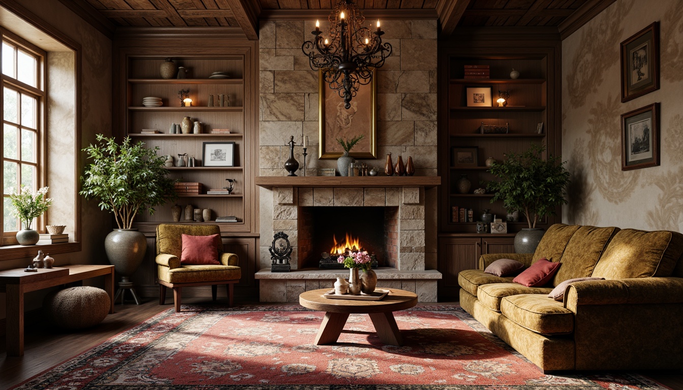 Prompt: Rustic farmhouse, Art Deco accents, distressed wood textures, vintage metal fixtures, earthy color palette, natural stone walls, ornate geometric patterns, luxurious velvet fabrics, antique furniture pieces, floral arrangements, warm candlelight, soft focus, 1/1 composition, shallow depth of field, realistic render.