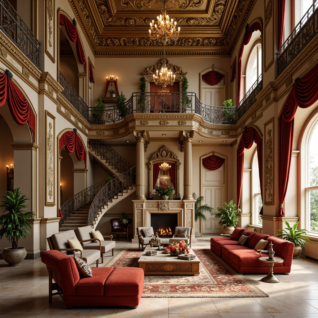 Prompt: Luxurious residential baroque style, ornate gold accents, rich jewel-toned colors, velvety soft fabrics, intricate carvings, grandiose chandeliers, lavish furnishings, opulent drapery, Renaissance-inspired patterns, warm beige marble floors, high ceilings, dramatic archways, sweeping staircases, abundant natural light, softbox lighting, 1/2 composition, shallow depth of field, detailed textures, ambient occlusion.