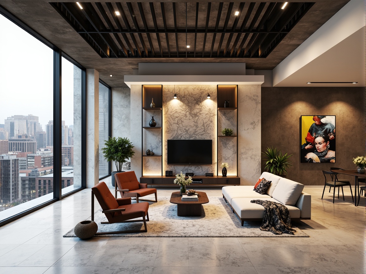 Prompt: Contemporary living room, accent walls with bold geometric patterns, contrasting colors, sleek lines, modern minimalist furniture, polished marble floors, floor-to-ceiling windows, natural light pouring in, urban cityscape views, industrial-chic metal beams, statement lighting fixtures, rich textures, 3D wall art, eclectic decorative accents, warm neutral tones, cozy throw blankets, sophisticated ambiance, shallow depth of field, 1/2 composition, realistic renderings.