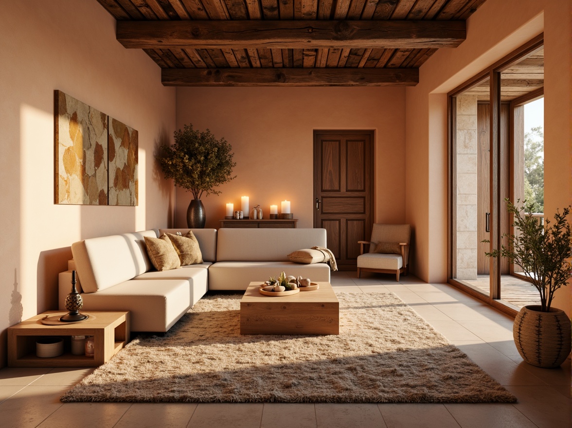 Prompt: Warm beige walls, soft peach tones, rustic wood accents, natural stone textures, cozy candle lighting, plush area rugs, comfortable seating areas, earthy color palette, organic material selection, nature-inspired patterns, calming ambient atmosphere, warm golden lighting, shallow depth of field, 1/1 composition, realistic textures, ambient occlusion.