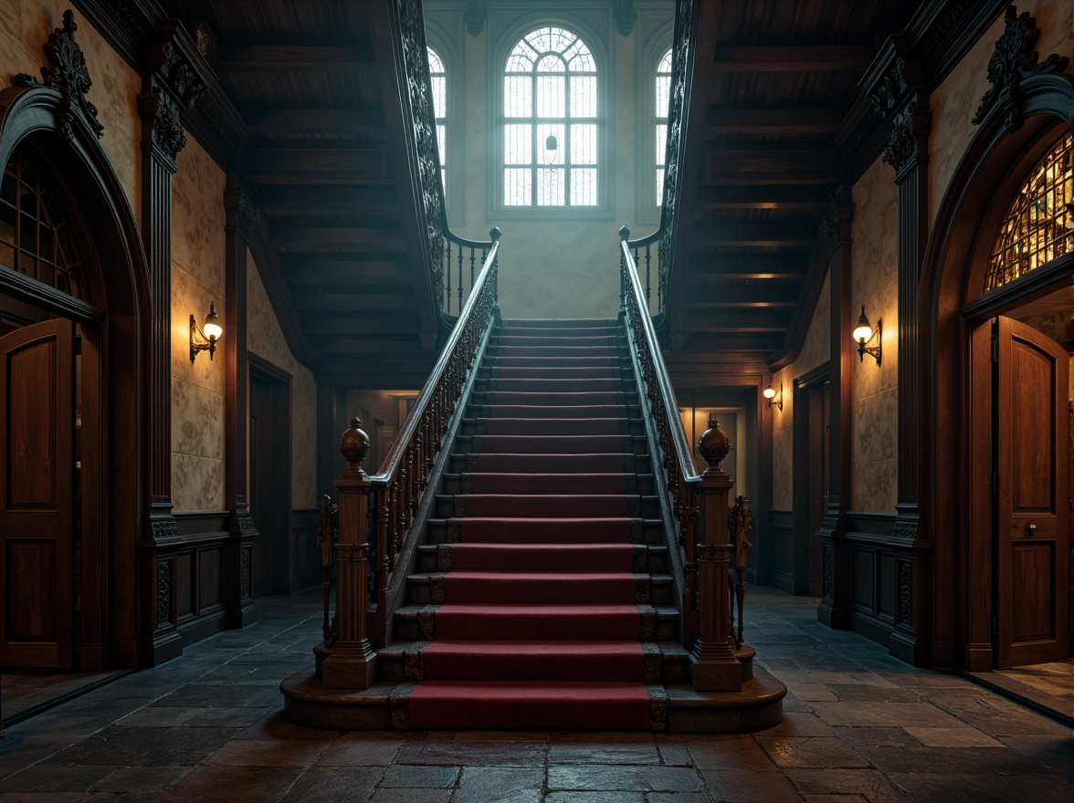 Prompt: Grandiose Gothic staircase, ornate railings, mysterious ambiance, dimly lit hallway, rich wood tones, luxurious velvet fabrics, intricate carvings, mystical symbols, textured walls, cold stone floors, eerie shadows, dramatic lighting, cinematic composition, high contrast ratio, atmospheric fog effect, mysterious silence.