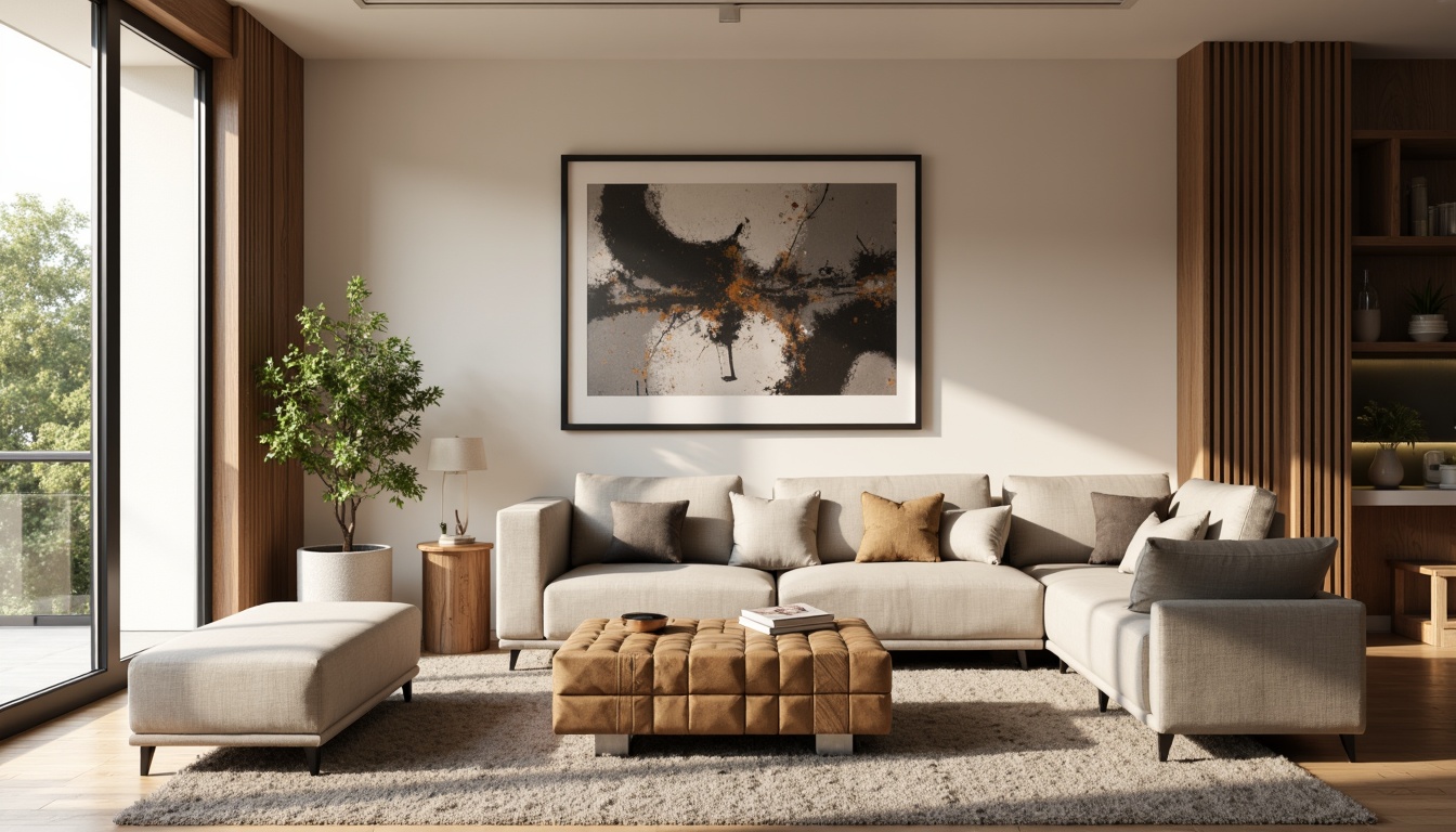 Prompt: Modern living room, sleek sofa, tufted ottoman, wooden coffee table, metal floor lamp, abstract artwork, minimalist decor, plush area rug, large windows, natural light, warm beige walls, cozy atmosphere, 1/2 composition, shallow depth of field, realistic textures, ambient occlusion.