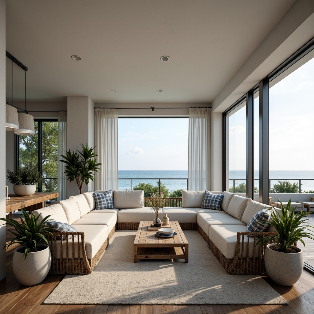 Prompt: Spacious open floor plan, coastal-themed interior, large windows, sliding glass doors, ocean views, natural light, airy atmosphere, driftwood accents, woven textiles, nautical rope details, distressed wood floors, beachy color palette, calming blue hues, crisp white trim, coral-inspired patterns, plush sectional sofas, reclaimed wood coffee tables, potted tropical plants, ambient lighting, soft warm glow, 1/1 composition, shallow depth of field, realistic textures, atmospheric misting.