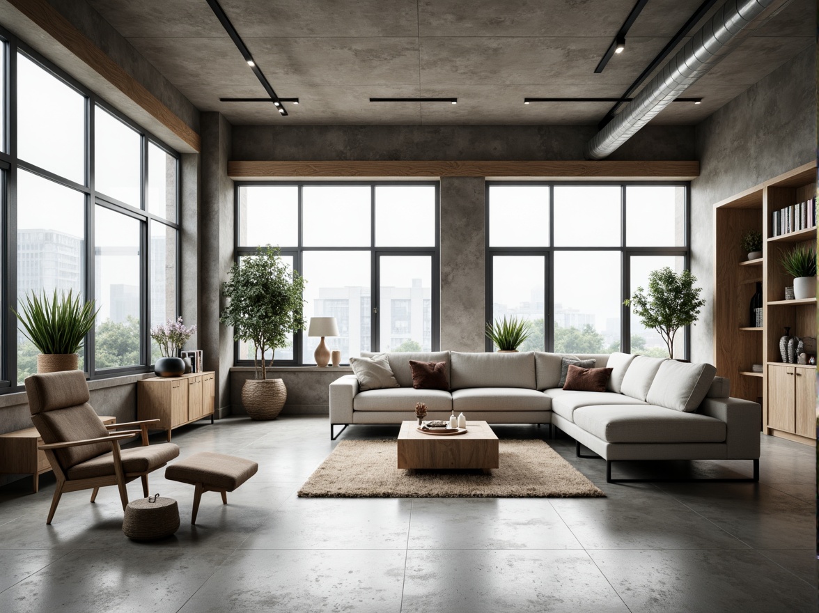 Prompt: Contemporary living room, polished concrete floors, industrial chic decor, minimalist furniture, metallic accents, urban loft atmosphere, natural light pouring in, floor-to-ceiling windows, sleek low-profile baseboards, matte finish, subtle texture, neutral color palette, modernist architecture, Scandinavian-inspired design, functional simplicity, airy openness, recessed LED lighting, 3/4 composition, shallow depth of field.