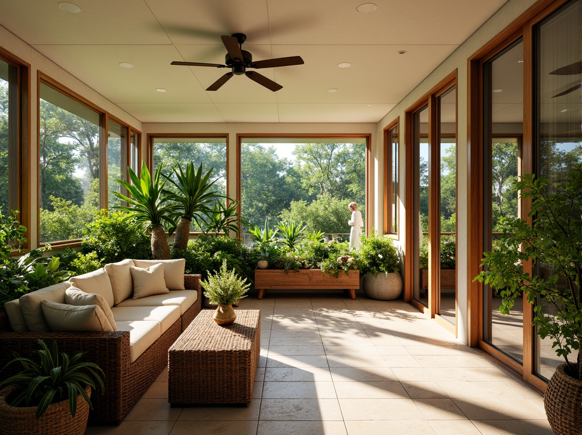 Prompt: Sun-drenched sunroom, lush greenery, vibrant tropical plants, natural wood accents, floor-to-ceiling windows, sliding glass doors, comfortable wicker furniture, plush cushions, warm beige tones, organic textures, nature-inspired decor, subtle earthy aroma, soft diffused lighting, 1/1 composition, intimate atmosphere, realistic plant renderings, ambient occlusion.