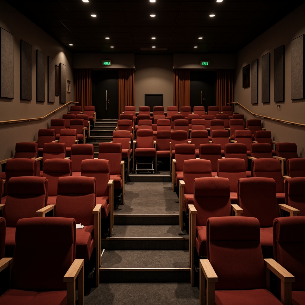 Prompt: Cozy auditorium, tiered seating, plush velvet chairs, wooden armrests, comfortable legroom, inclined backs, soft cushioning, warm ambient lighting, subtle color scheme, modern minimalist design, sleek metal frames, acoustic panels, soundproofing materials, optimal viewing angles, central focal point, immersive experience, cinematic atmosphere, 3/4 composition, shallow depth of field, realistic textures, ambient occlusion.