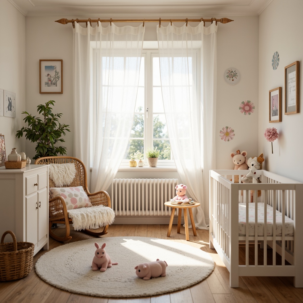 Prompt: Whimsical nursery, soft pastel colors, delicate lace curtains, sheer white drapes, gentle light filtering, warm natural textures, plush area rug, comfortable glider, cozy reading nook, adorable baby accessories, playful wall decals, cheerful polka dots, sweet florals, tender lighting, shallow depth of field, 1/1 composition, intimate atmosphere, inviting color palette.