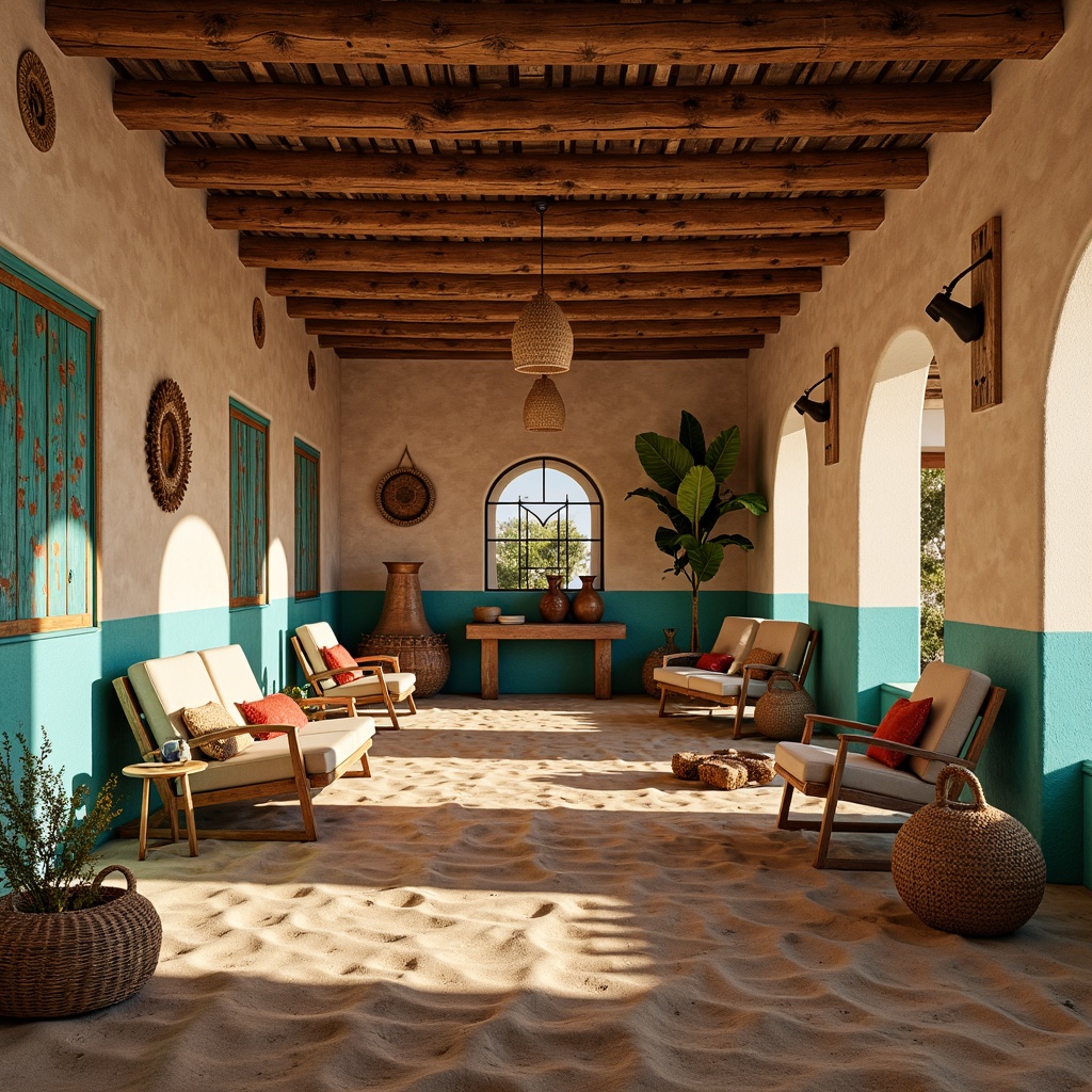 Prompt: Vibrant turquoise accents, colorful Navajo-inspired patterns, woven baskets, rustic wooden beams, earthy adobe walls, warm sandy floors, vintage cars, distressed metal garage doors, natural linen fabrics, hand-woven blankets, cozy seating areas, soft warm lighting, shallow depth of field, 3/4 composition, panoramic view, realistic textures, ambient occlusion.