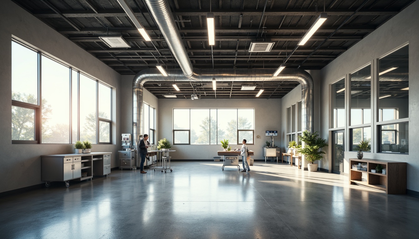 Prompt: Industrial hospital interior, exposed ductwork, polished concrete floors, metal beams, functional lighting fixtures, LED strips, suspended linear luminaires, warm color temperature, high ceilings, large windows, natural light, minimal decor, medical equipment, stainless steel surfaces, sterile atmosphere, soft shadows, subtle contrast, 1/2 composition, realistic reflections, ambient occlusion.