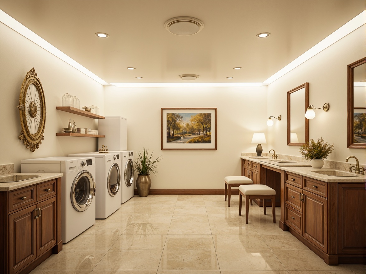 Prompt: Elegant laundry room, creamy white walls, soft warm lighting, LED strip lights, recessed ceiling lights, polished chrome fixtures, natural stone countertops, wooden cabinetry, ornate metal handles, vintage-inspired decorations, classic furniture pieces, subtle texture contrasts, warm beige colors, inviting ambiance, 1/1 composition, realistic reflections, ambient occlusion.