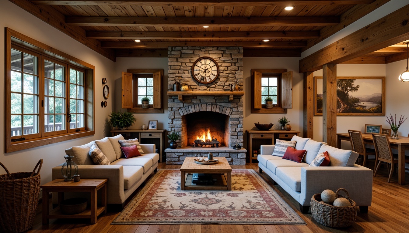 Prompt: Cozy mountain lodge, wooden accents, stone fireplace, plush sofas, reclaimed wood furniture, earthy tones, natural textiles, woven baskets, vintage decor, lantern lighting, distressed finishes, comfortable nooks, rustic wooden beams, wooden shutters, country-style dining tables, wicker chairs, warm candlelight, shallow depth of field, 1/1 composition, atmospheric perspective, realistic wood grain textures.