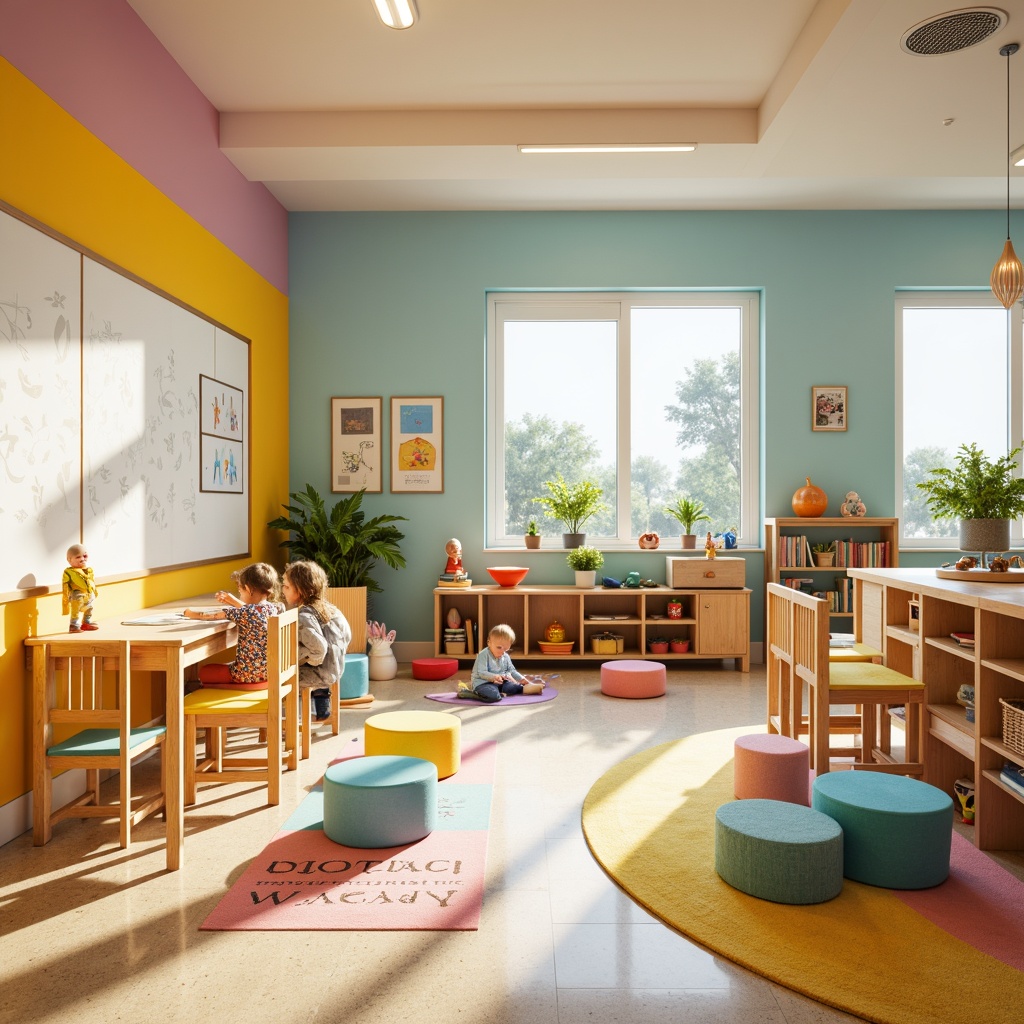 Prompt: Vibrant kindergarten interior, playful color scheme, rounded edges, soft cushioning, ergonomic chairs, wooden tables, interactive whiteboards, educational toys, alphabet carpets, whimsical wall art, natural light pouring in, warm beige flooring, cozy reading nooks, circular bookshelves, safety gates, soft pastel colors, kid-friendly materials, imaginative play structures, 1/1 composition, shallow depth of field, realistic textures.