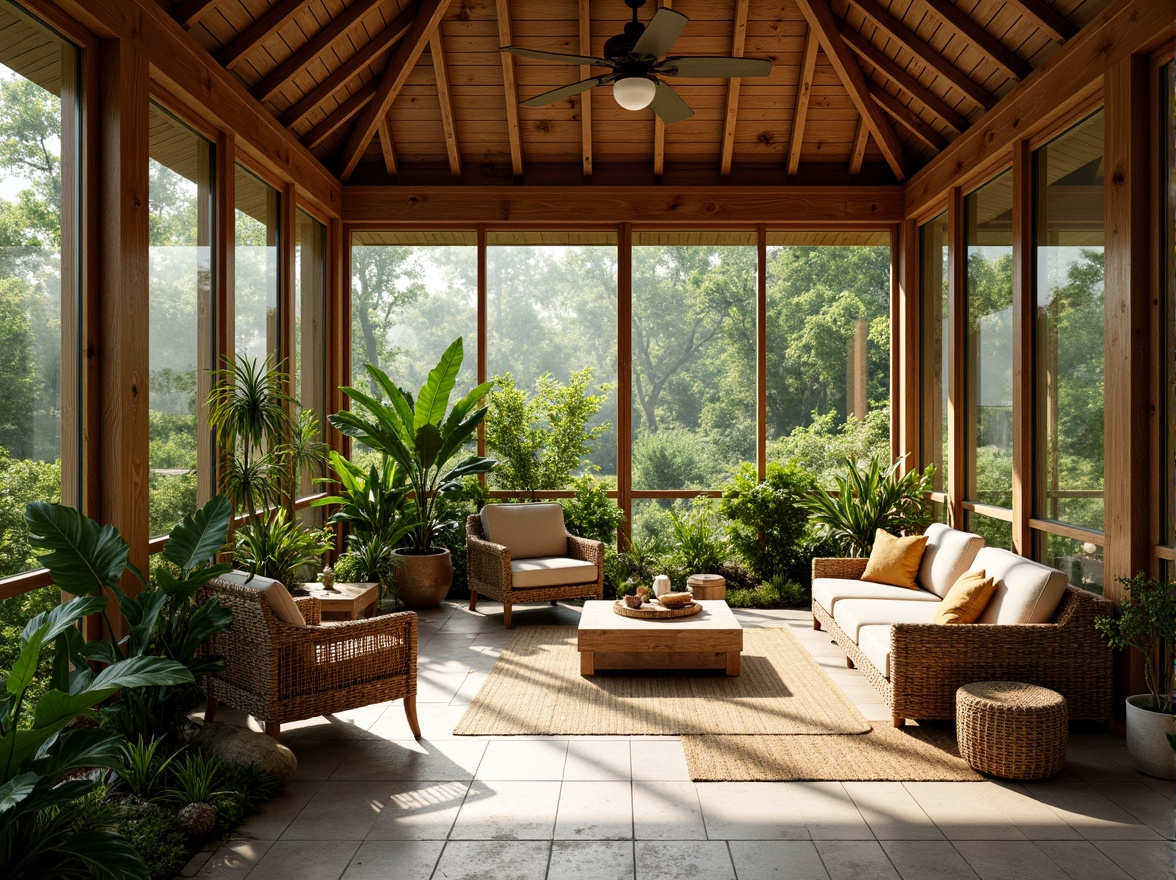 Prompt: Cozy sunroom, lush greenery, vibrant tropical plants, natural stone flooring, wooden accents, floor-to-ceiling windows, sliding glass doors, warm sunny day, soft diffused lighting, shallow depth of field, 3/4 composition, panoramic view, realistic textures, ambient occlusion, wicker furniture, rattan chairs, jute rugs, woven baskets, nature-inspired decor, earthy color palette, serene ambiance, fresh air circulation, misting system, humidity control.