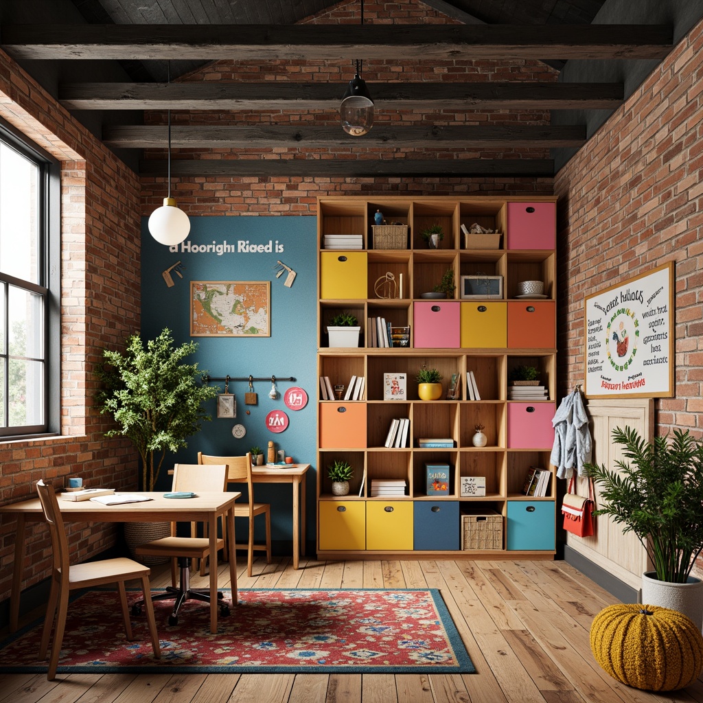 Prompt: Industrial-chic kids' room, exposed brick walls, metal beams, reclaimed wood flooring, functional shelving units, colorful storage bins, minimalist desks, ergonomic chairs, creative pegboards, inspirational quotes, cozy reading nooks, warm task lighting, rustic wooden crates, industrial-style metal lockers, vibrant wall art, playful rugs, 3/4 composition, shallow depth of field, realistic textures, ambient occlusion.