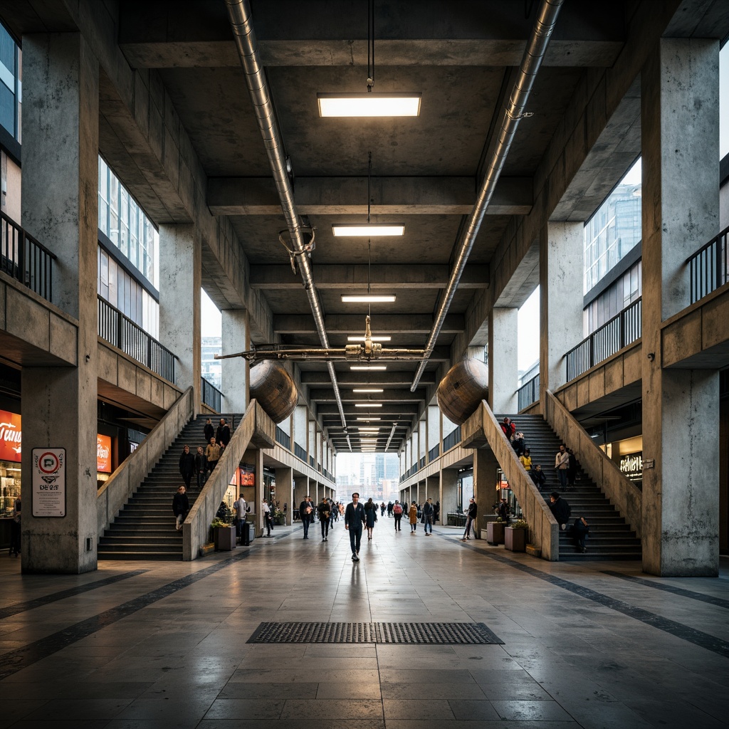 Prompt: Raw concrete columns, exposed ductwork, industrial-style lighting fixtures, brutalist architecture, urban bus station, functional design, rugged textures, weathered steel beams, monumental staircases, cantilevered roofs, asymmetrical compositions, dramatic shadows, high-contrast lighting, gritty urban atmosphere, busy pedestrian traffic, abstract geometric patterns, bold typography, functional signage systems, modernist influences.