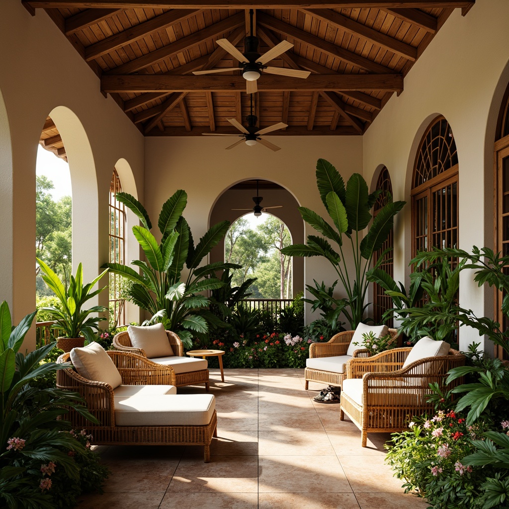 Prompt: Lush tropical plants, natural wood accents, woven rattan furniture, vaulted ceilings, large fans, circulating air, warm beige walls, earthy tone tiles, wooden louvers, ornate metal grilles, decorative ventilation ducts, tropical flower patterns, soft diffused lighting, 1/1 composition, shallow depth of field, realistic textures, ambient occlusion.