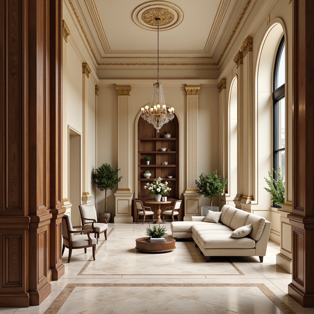 Prompt: Elegant neoclassical interior, rich wood tones, ornate moldings, cream-colored marble floors, soft gold accents, velvety smooth fabrics, subtle texture variations, warm beige walls, refined classic furniture pieces, intricate carvings, delicate florals, sophisticated color palette, muted earthy tones, creamy whites, pale blues, gentle greens, warm neutral backgrounds, dramatic chandelier lighting, shallow depth of field, 2/3 composition, atmospheric perspective, realistic reflections.