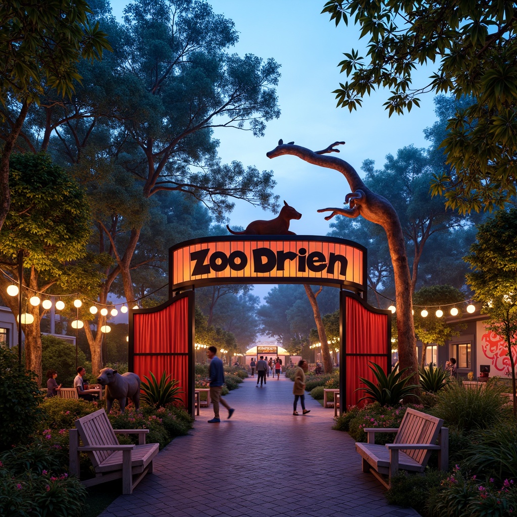 Prompt: Vibrant zoo entrance, bold colorful gates, whimsical animal sculptures, dynamic LED lighting, warm sunset hues, misty evening atmosphere, mystical forest surroundings, twinkling string lights, lantern-inspired fixtures, exotic foliage, winding walkways, rustic wooden benches, eclectic art installations, abstract expressionist murals, playful interactive exhibits, immersive projection mapping, 180-degree panoramic views, shallow depth of field, cinematic camera angles, dramatic spotlighting.