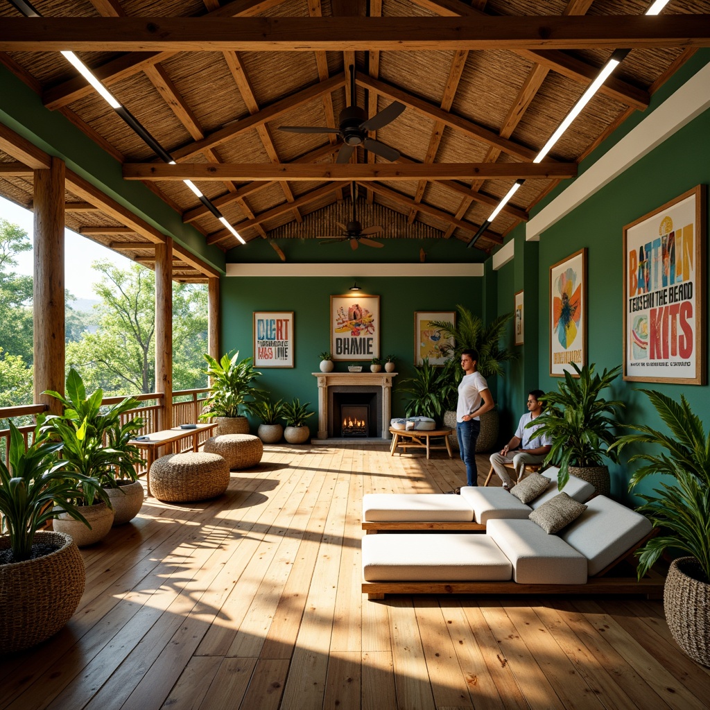 Prompt: Tropical home gym, natural wood flooring, lush green walls, exotic plants, floor-to-ceiling windows, warm sunny lighting, soft ambient glow, LED strip lights, rustic wooden beams, rattan furniture, woven bamboo accents, vibrant colorful artwork, motivational quotes, state-of-the-art exercise equipment, mirrored walls, high ceilings, airy atmosphere, refreshing misting system, 1/2 composition, shallow depth of field, realistic textures.