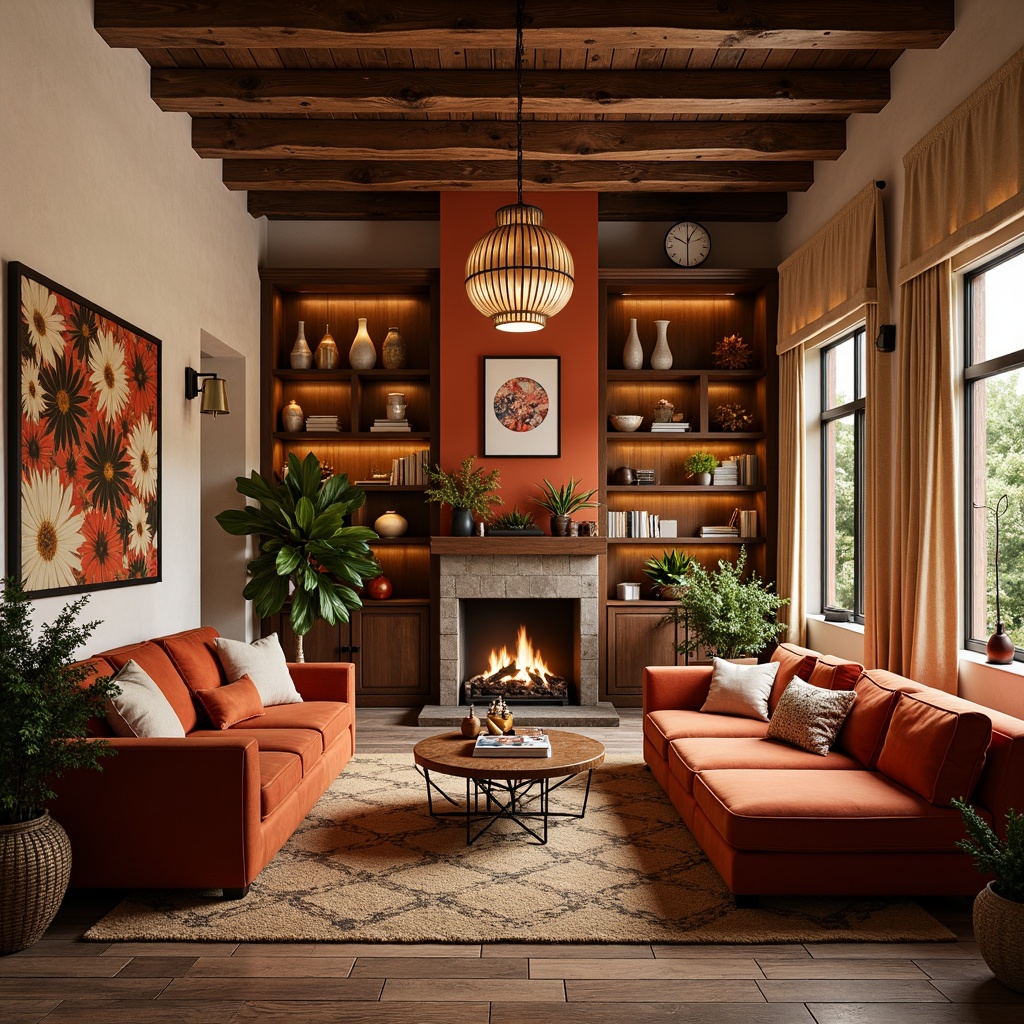 Prompt: Vibrant living room, rich wood furniture, plush velvet sofas, statement lighting fixtures, bold accent walls, earthy terracotta vases, natural woven rugs, warm beige curtains, soft golden lighting, cozy reading nooks, eclectic artwork, industrial metal decor, bohemian textiles, Moroccan-inspired tiles, lush greenery, airy open spaces, 1/2 composition, atmospheric perspective, realistic textures, ambient occlusion.