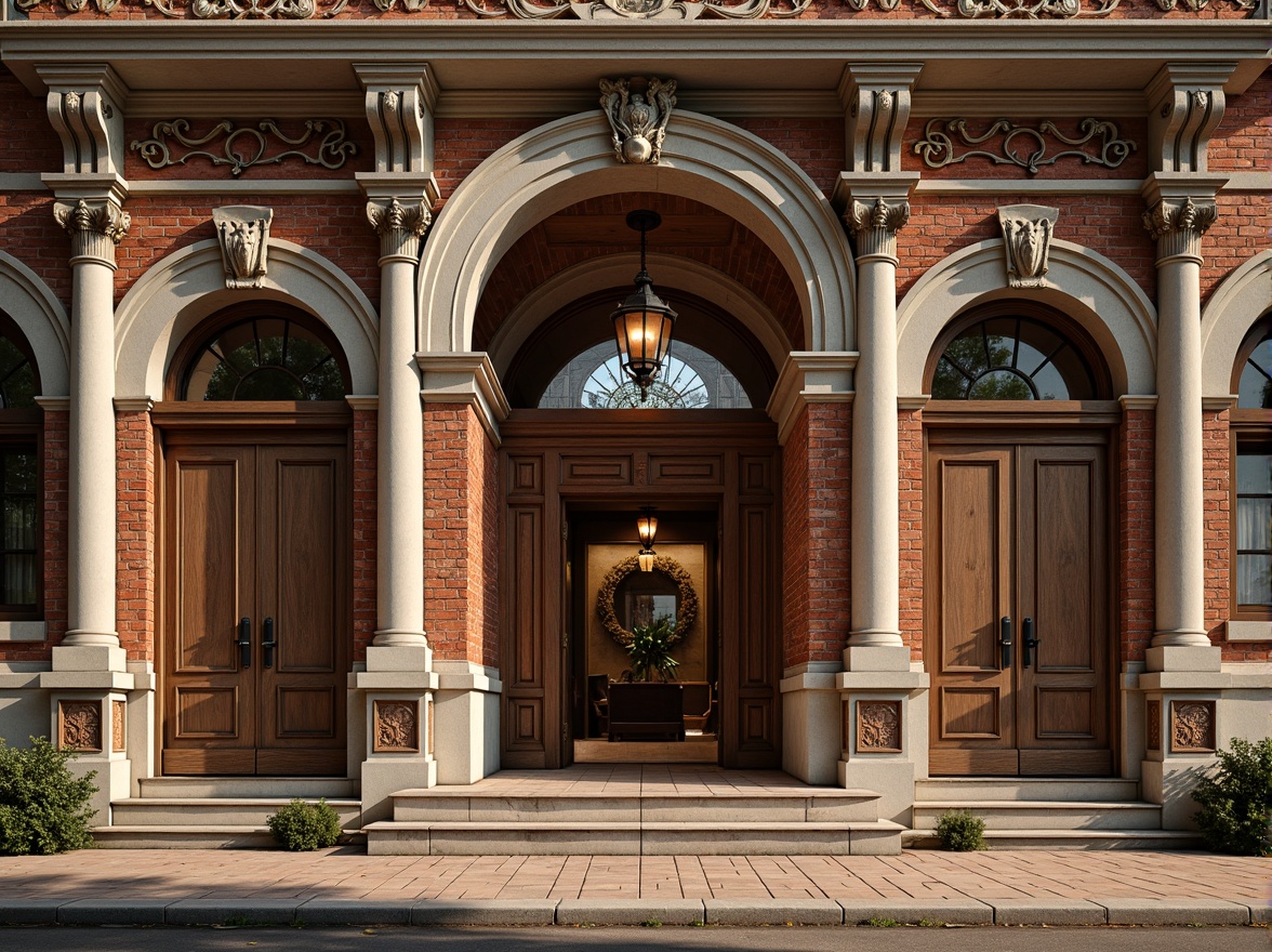 Prompt: Historic brick facades, ornate stone carvings, rusticated quoins, classical columns, intricately patterned ceramic tiles, distressed wooden doors, vintage metal lanterns, stained glass windows, grand entranceways, symmetrical compositions, warm golden lighting, soft focus effects, shallow depth of field, 2/3 composition, realistic textures, ambient occlusion.