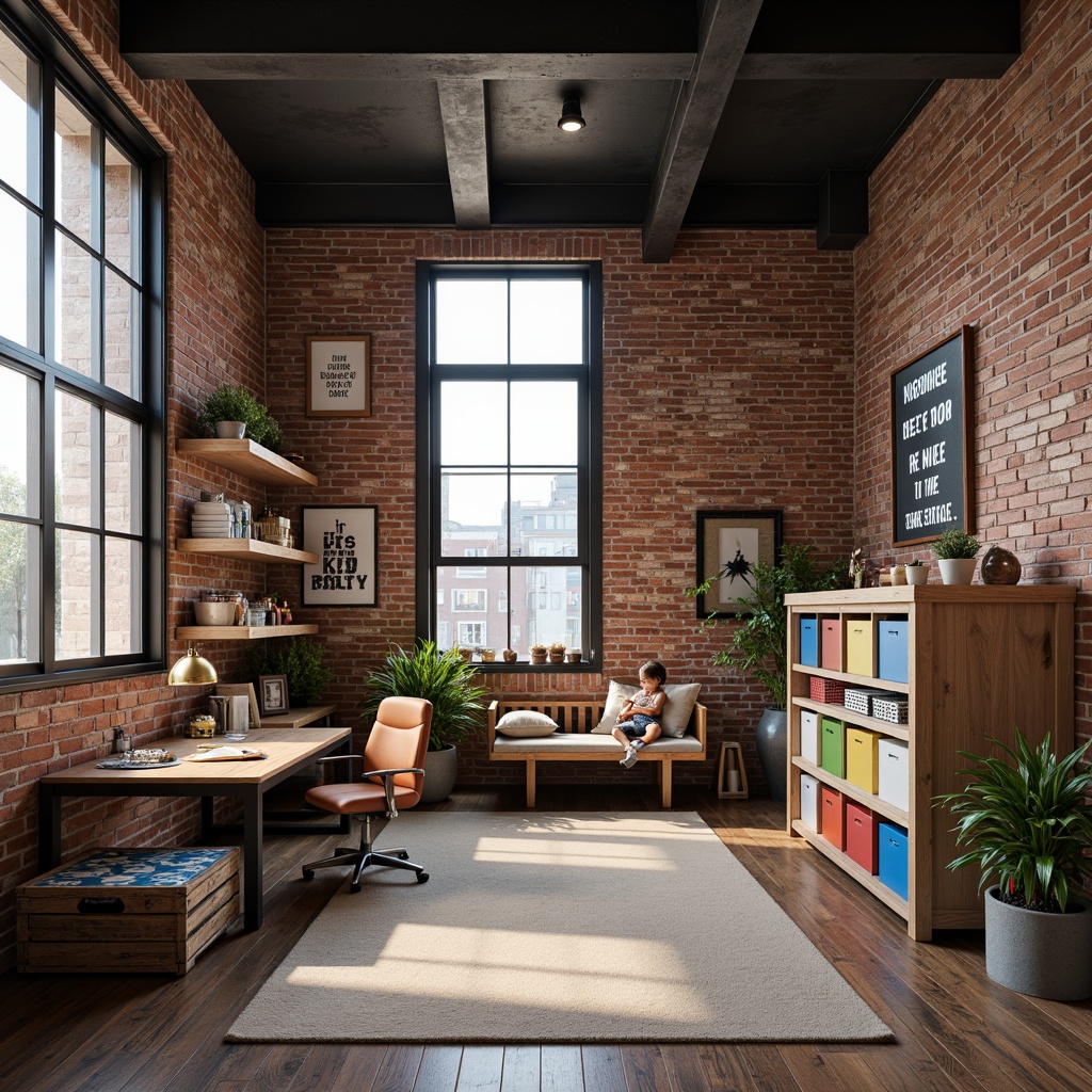 Prompt: Industrial-chic kids' room, exposed brick walls, metal beams, reclaimed wood flooring, vintage factory windows, modern minimalist furniture, sleek metal storage units, colorful plastic bins, labeled wooden crates, rustic steel shelves, functional desk lamps, inspirational quotes, urban loft atmosphere, warm soft lighting, shallow depth of field, 1/1 composition, realistic textures, ambient occlusion.