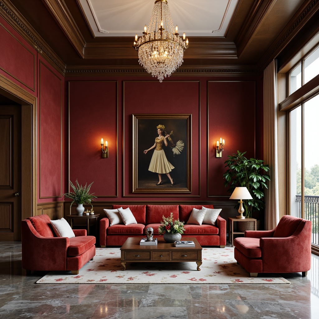 Prompt: Luxurious living room, burgundy accent walls, marble floors, ornate moldings, velvet sofas, tufted armchairs, bronze coffee tables, crystal chandeliers, rich wood cabinetry, metallic gold lighting fixtures, plush area rugs, sophisticated color palette, elegant furniture legs, subtle patterned fabrics, refined upholstery, upscale decor, warm ambient lighting, shallow depth of field, 1/1 composition, realistic textures, ambient occlusion.