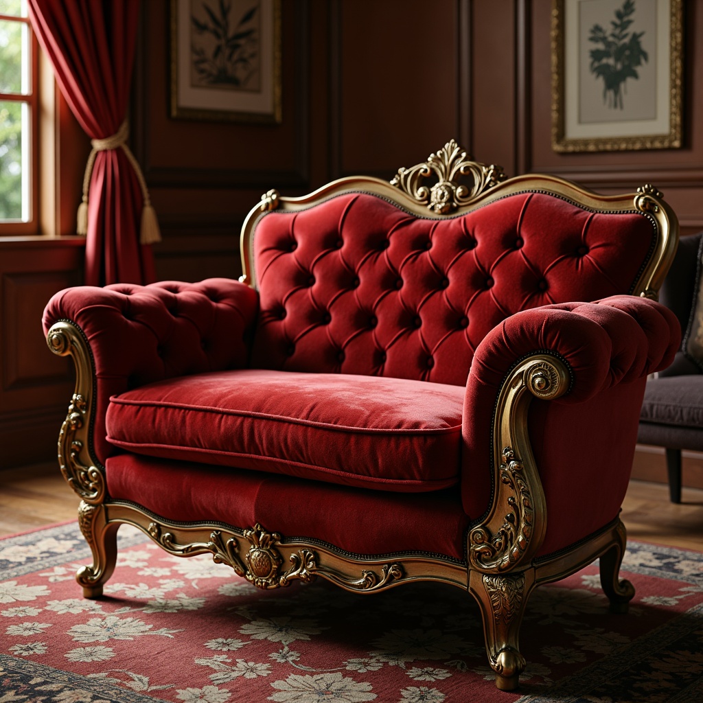 Prompt: Luxurious velvet sofa, intricately carved wooden legs, ornate golden frames, plush crimson cushions, tufted upholstery, curved lines, floral patterns, rich mahogany wood, opulent drapery, heavy silk fabrics, tassel trimmings, antique bronze hardware, soft warm lighting, shallow depth of field, 1/1 composition, realistic textures, ambient occlusion.