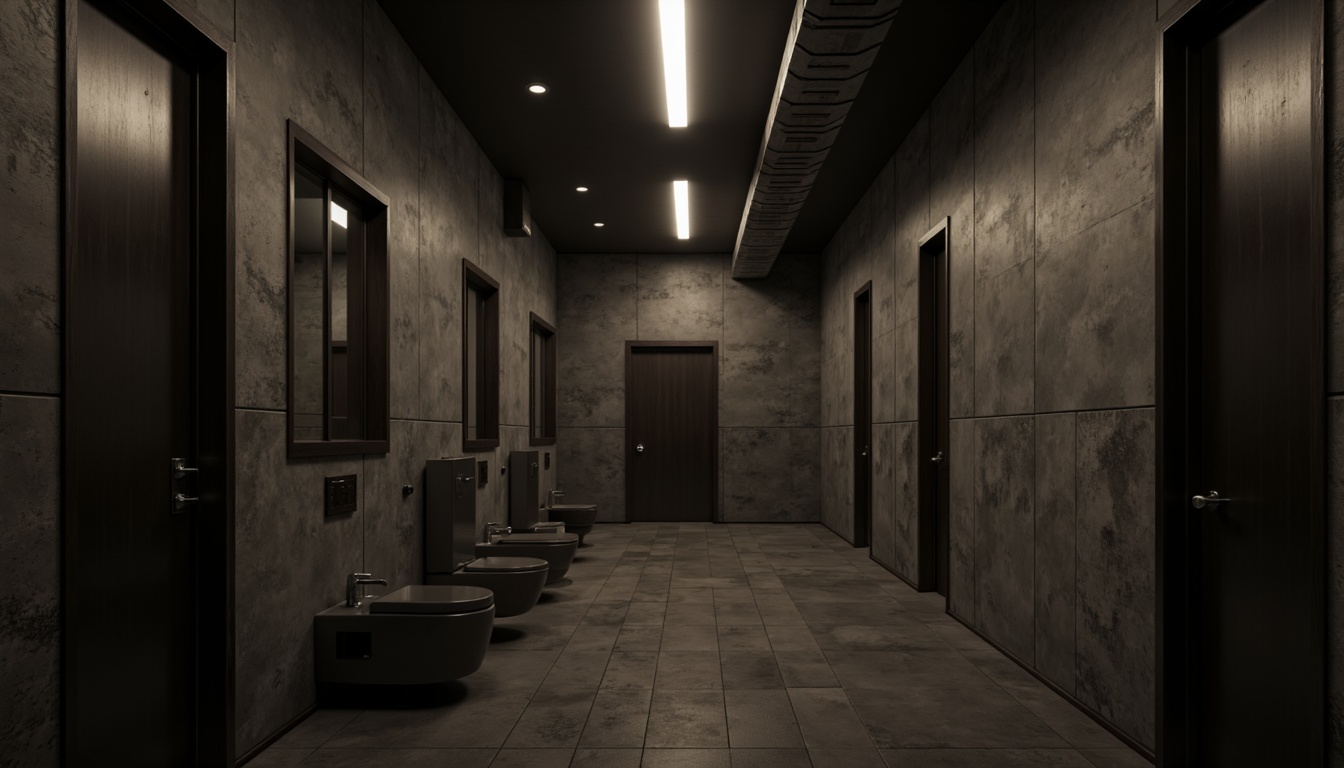 Prompt: Dimly lit powder room, brutalist architecture, raw concrete walls, exposed ductwork, industrial metal fixtures, minimalist decor, monochromatic color scheme, dramatic shadows, high contrast lighting, warm ambient glow, overhead strip lighting, recessed ceiling lights, metallic finishes, rough textures, urban aesthetic, moody atmosphere, low-key illumination, cinematic feel, bold geometric shapes.