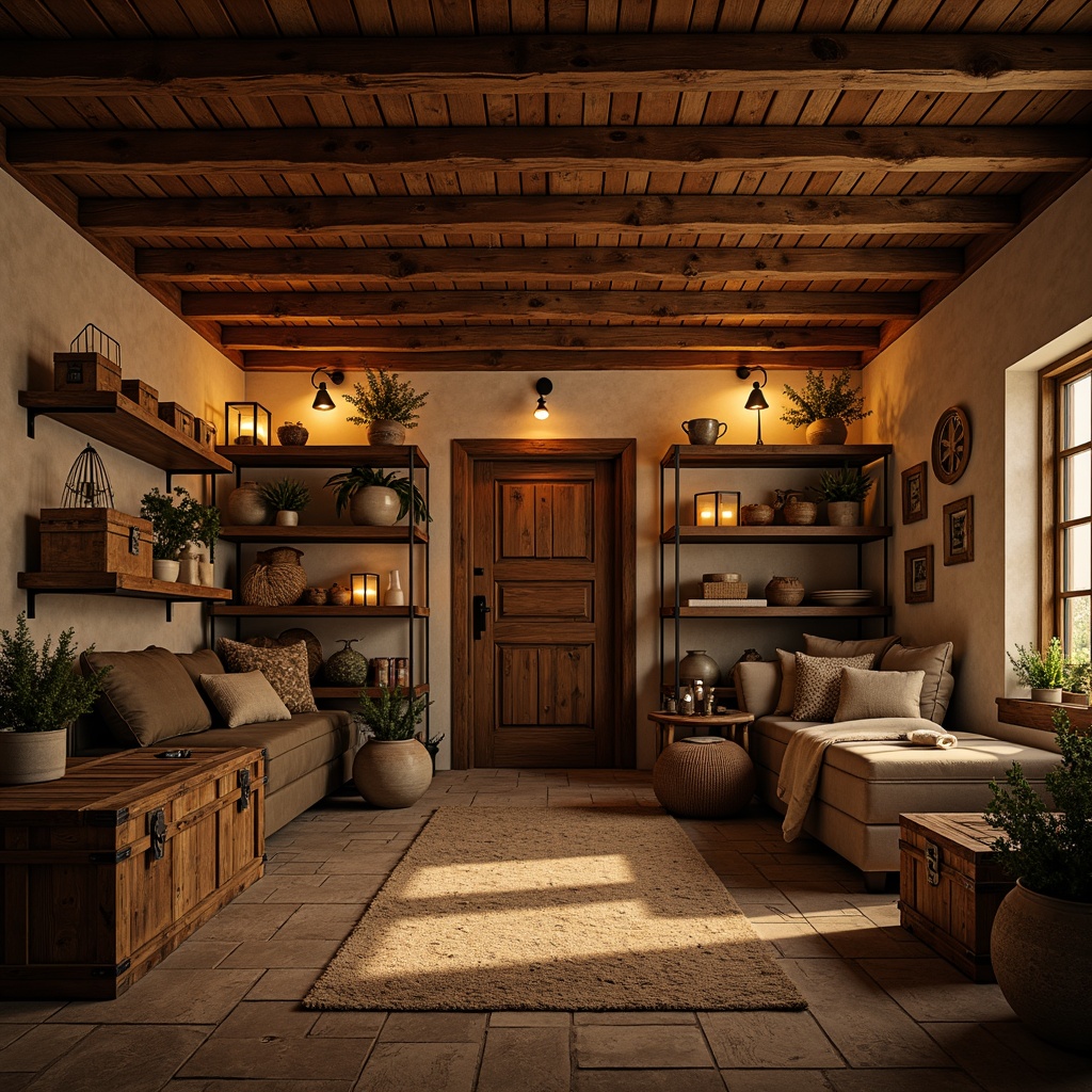 Prompt: Cozy rustic storage room, warm earthy tones, wooden crates, vintage trunks, distressed wood shelves, metal lanterns, soft warm lighting, candlelight ambiance, brick walls, stone flooring, rustic wooden beams, industrial metal accents, warm beige colors, natural textiles, woven baskets, ambient shadows, shallow depth of field, 1/1 composition, realistic textures, atmospheric fog.