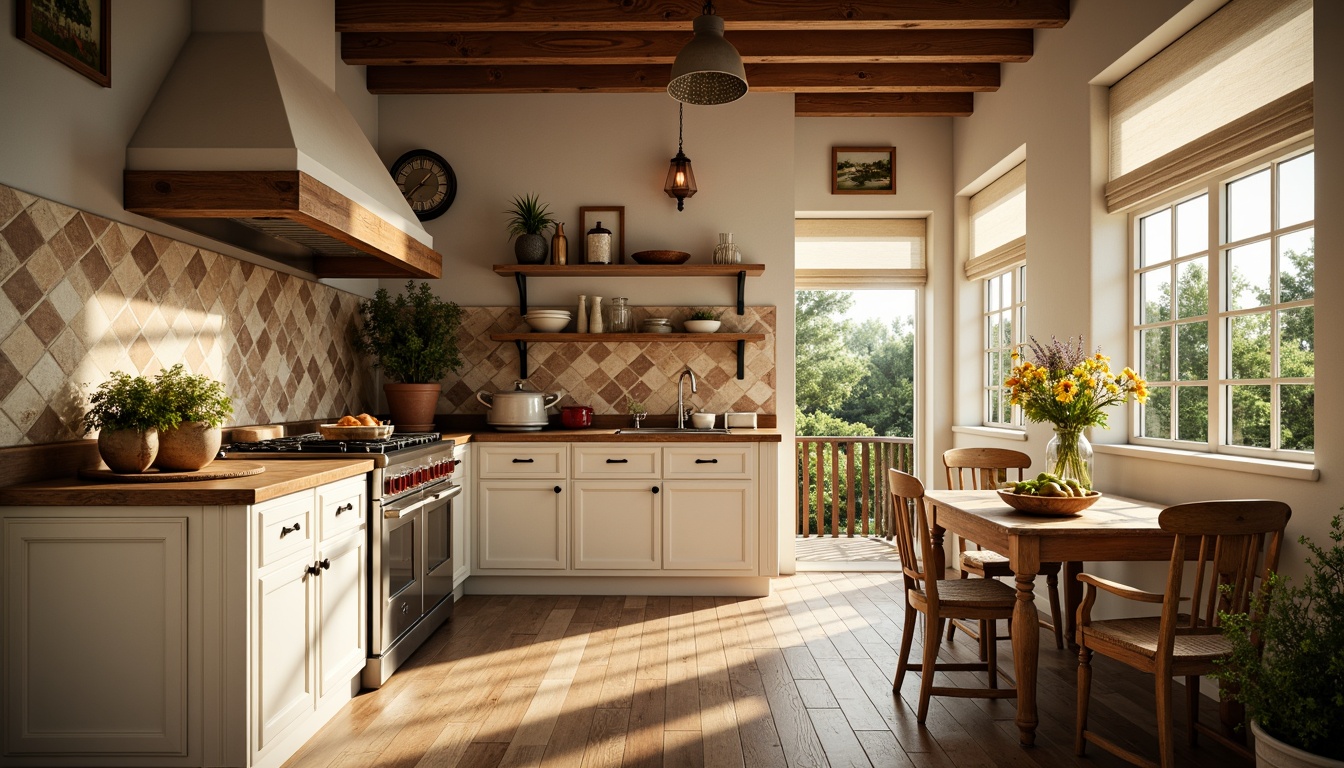 Prompt: Rustic traditional kitchen, warm earthy tones, natural stone backsplash, herringbone pattern, creamy white cabinets, ornate metal hardware, rich wood flooring, classic pendant lighting, soft warm glow, cozy breakfast nook, lush greenery, blooming flowers, sunny day, shallow depth of field, 3/4 composition, panoramic view, realistic textures, ambient occlusion.