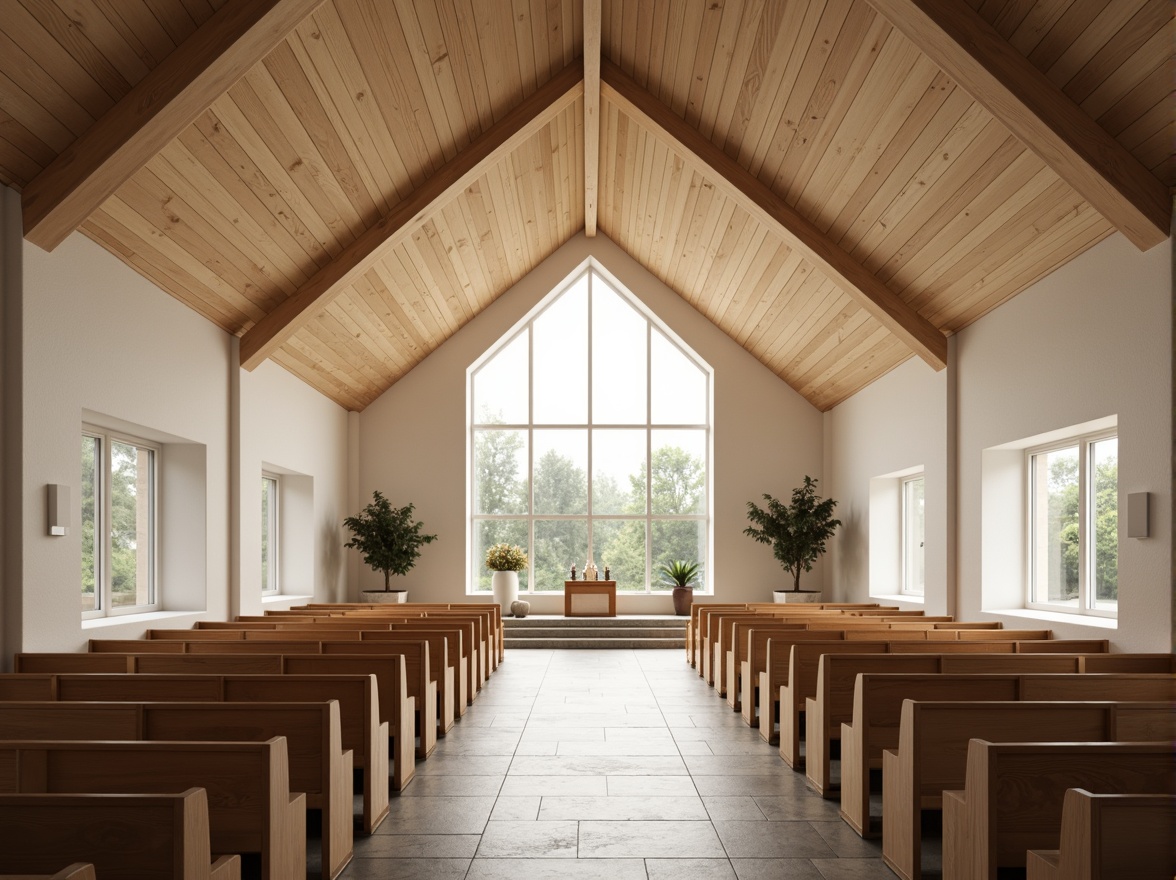 Prompt: Minimalist church interior, natural light flooding, wooden pews, stone floors, vaulted ceilings, Nordic-inspired architecture, simplistic altar, candles, serene atmosphere, gentle warm lighting, shallow depth of field, 1/1 composition, symmetrical framing, airy open spaces, modern Scandinavian design, light wood tones, neutral color palette, subtle textures, ambient occlusion.